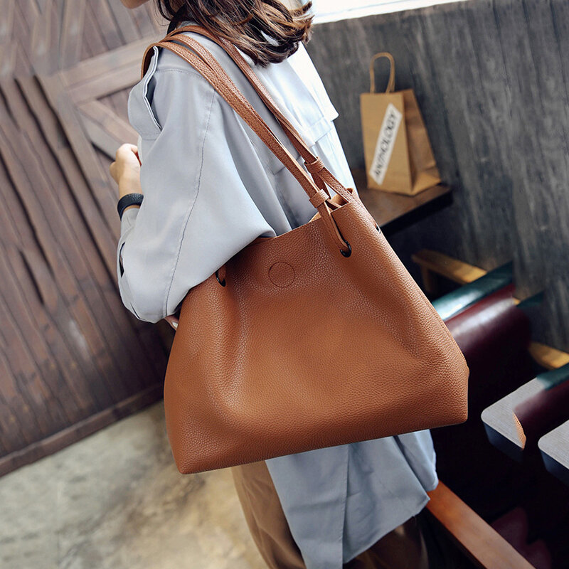 PU Leather Large Capacity Shoulder Bag Women's Fashion Simple Child Mother Bag Lychee Pattern Daily Multifunctional Handbag