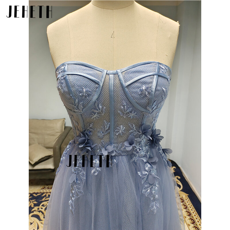 JEHETH Dusty Blue Prom Dress Sparkly Bling High Slit Sweetheart Floral A Line Puffy Sleeves Formal Party Evening Gowns Custom