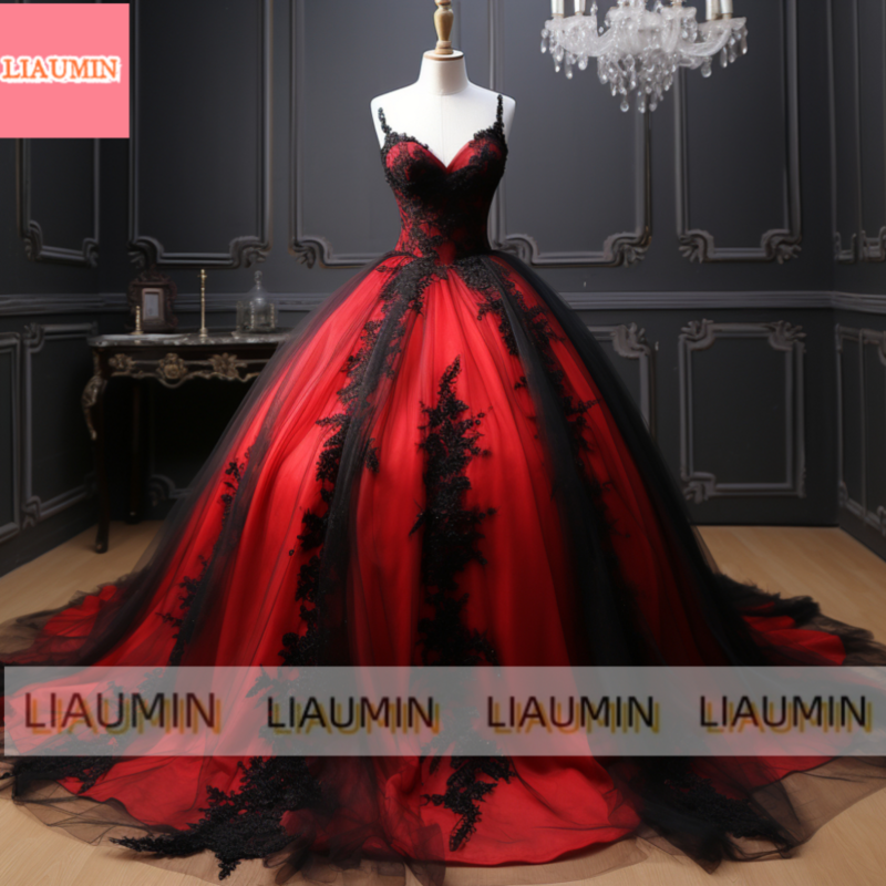 Vermelho e preto Lace Edge Applique vestido de baile, V Neck, Comprimento total, Lace Up Back, Vestido de noite, Ocasião Formal, Elagant Vestuário, W3-7