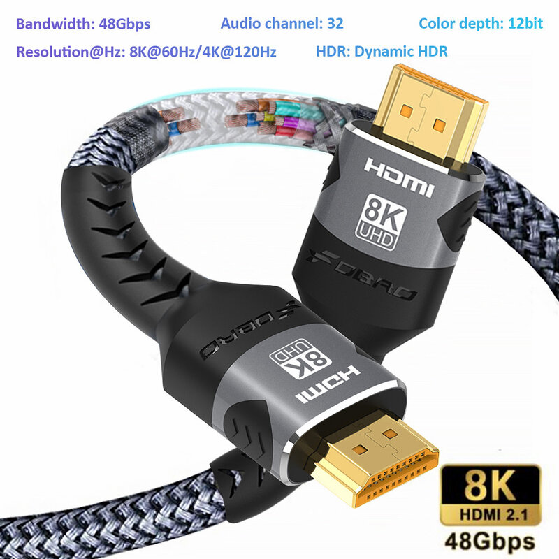 FDBRO 8K HDMI 호환 케이블 4K @ 120Hz 8K @ 60Hz HDMI 2.1 케이블, 48Gbps 어댑터 RTX 3080 eARC HDR 비디오 케이블, PC 노트북 TV 박스 PS4 PS5