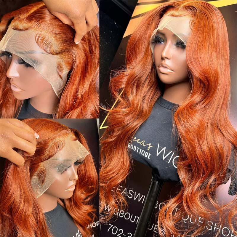 Peluca de cabello humano con encaje Frontal, pelo sin pegamento, Color naranja jengibre, 4x4, 13x6
