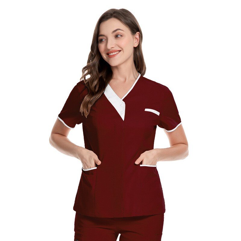 병원 간호 유니폼 여성용 스크럽 탑, 단색 반팔, 간호사 작업 유니폼, 여성용 풀오버 블라우스