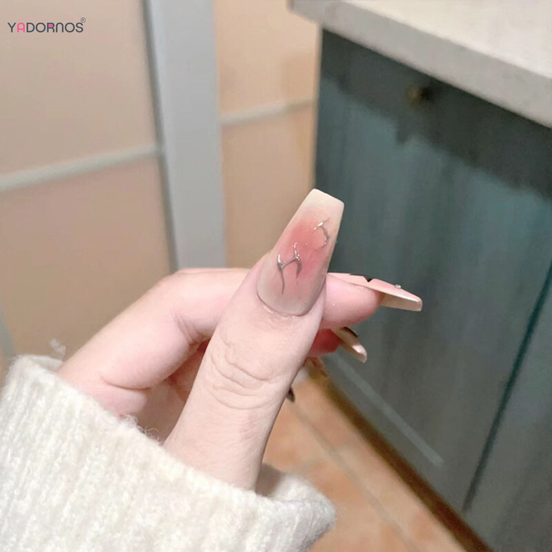 Y2K ragazze unghie finte rosa indossabile stampa sulle unghie nero stella a cinque punte progettato copertura completa balletto unghie finte suggerimenti per le donne