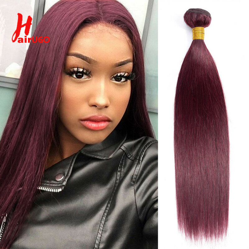 HairUGo-Bundles de cheveux raides Remy, tissage de cheveux humains bordeaux, extension de cheveux colorés, grade 10A, 99J