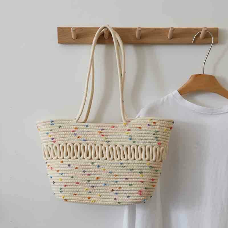 One-Shoulder Hollow Cotton Woven Bag New Summer Large-Capacity French Straw Bag Seaside Holiday Beach Bag Women