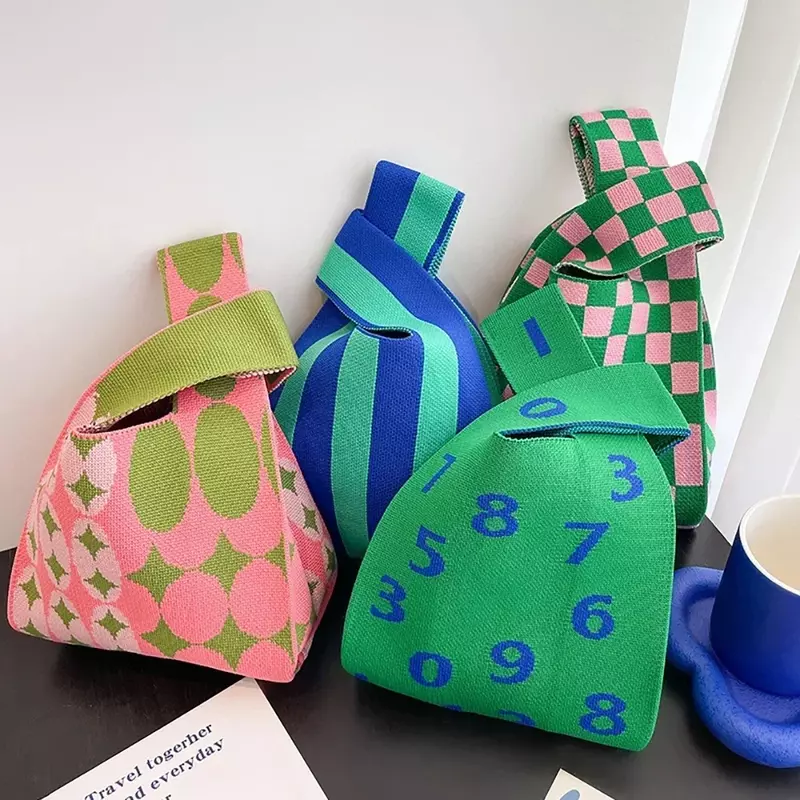 LYD01 tas tangan rajut buatan tangan wanita, tas jinjing simpul Mini tas tangan wanita kasual warna lebar garis kotak-kotak