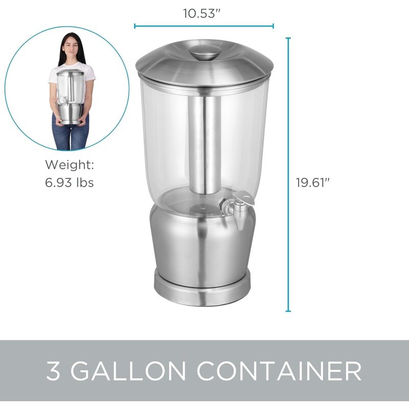 3 Gallon Stainless Steel Beverage Dispenser with Ice Container, Spigot - Round - Lemonade Sangria Tea Water Drink Jar Jug