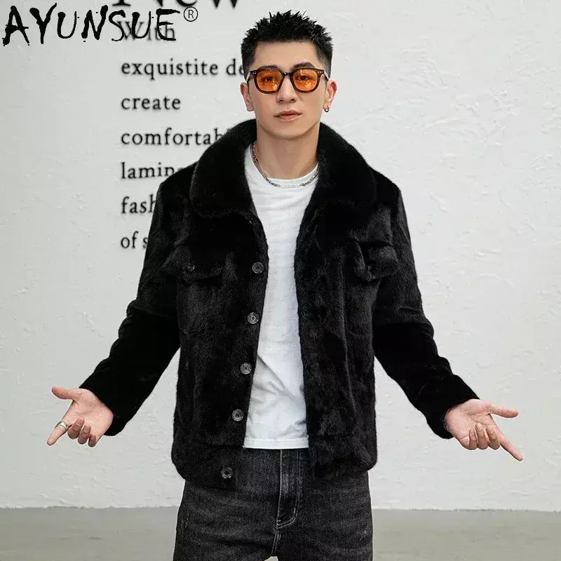 AYUNSUE 남성용 천연 밍크 모피 재킷, 턴다운 칼라 블랙 모피 재킷, 럭셔리 고품질 밍크 리얼 모피 코트, 2023 겨울