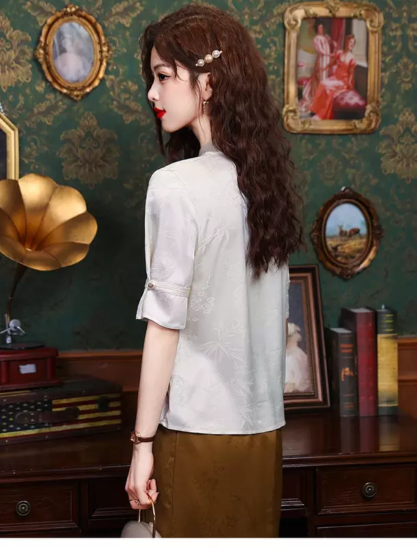Chiffon Chinese Style Women's Shirt Summer Flower Vintage Blouses Loose Short Sleeves Women Tops Fashion Clothing 2024 Korean