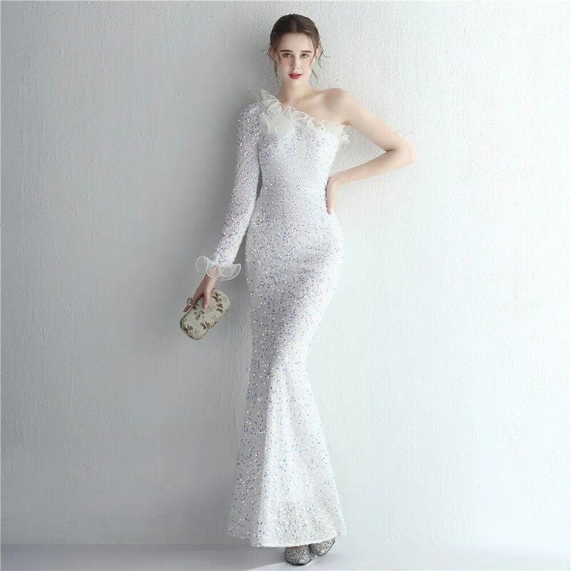 Full Sleeves Mermaid Evening Dress Glitter Sequins Ruffles Tulle Prom Gown One Shoulder Long Pageant Guest Party Robe De Mariée