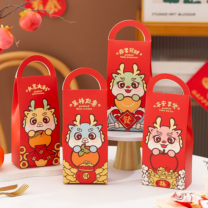 Китайская Новогодняя коробка, портативные коробки для десертов и конфет с ручкой для праздника Весны