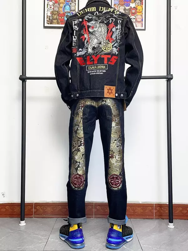 Harajuku Y2k Casual กางเกง Evisus กางเกงยีนส์ปักกางเกงยีนส์ตรงกางเกงขากว้างสำหรับผู้ชาย High Street Hip Hop Streetwear