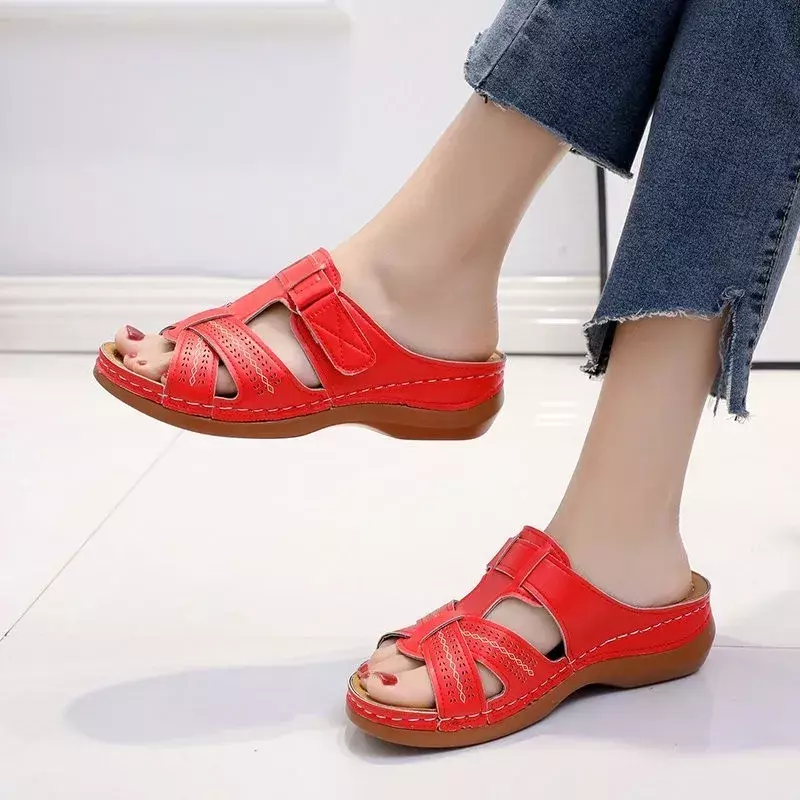 Outside Rubber Pu Slippers for Women 2024 New Hot Sale Summer Wedges Ladies Shoes Solid Med Heel  Women's Slippers Zapatos