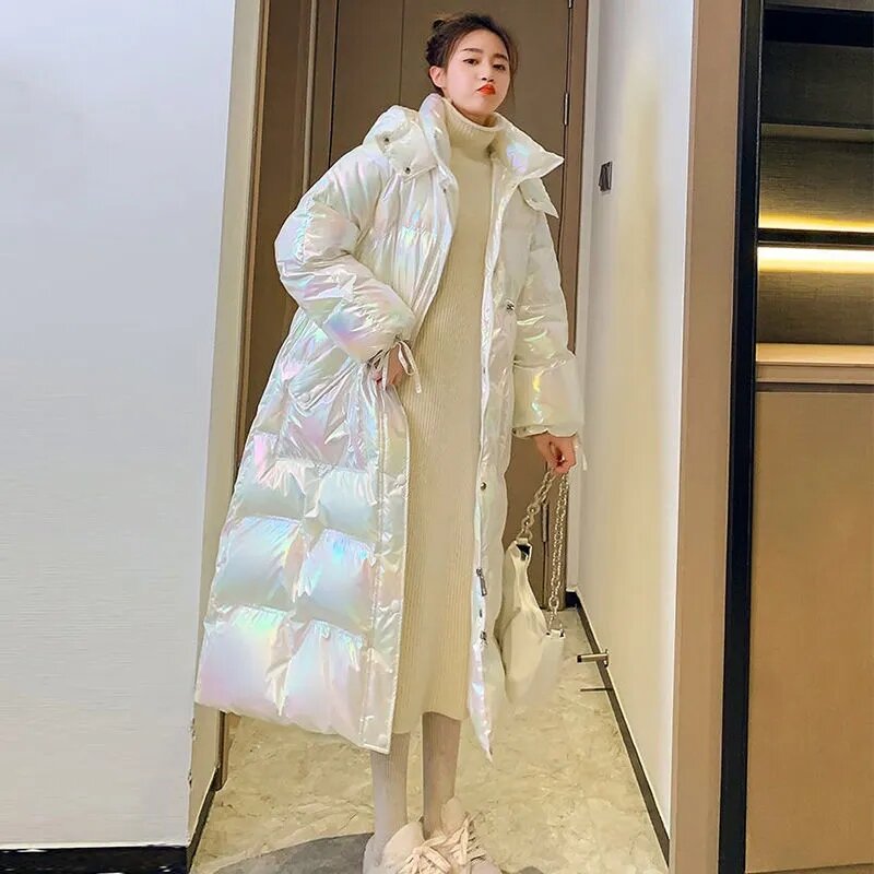 Chaqueta de algodón con capucha para mujer, parka gruesa larga por encima de la rodilla, abrigo colorido brillante sin lavado, otoño e invierno, 2022