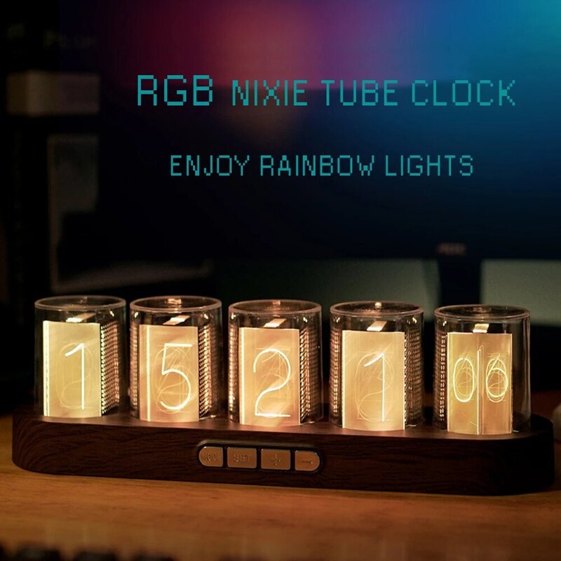 RGB led가있는 디지털 닉시 튜브 시계는 가정용 데스크탑 장식을위한 빛납니다. 선물 아이디어를 위한 호화스러운 상자 패킹.