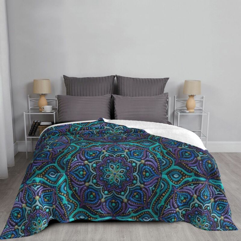 ผ้าห่มผ้าห่มอบอุ่นโซฟาผ้ามันดาลาดอกไม้สีฟ้า