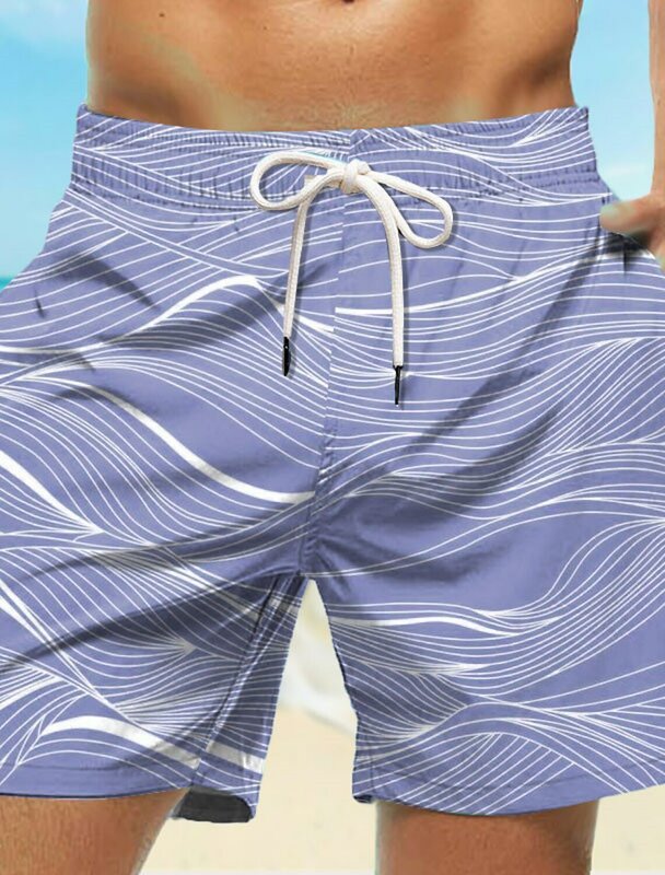 Pantalones cortos de baño para hombre, bañador con cordón, estampado gráfico de ondas, secado rápido, informal, Hawaiano, para vacaciones, novedad