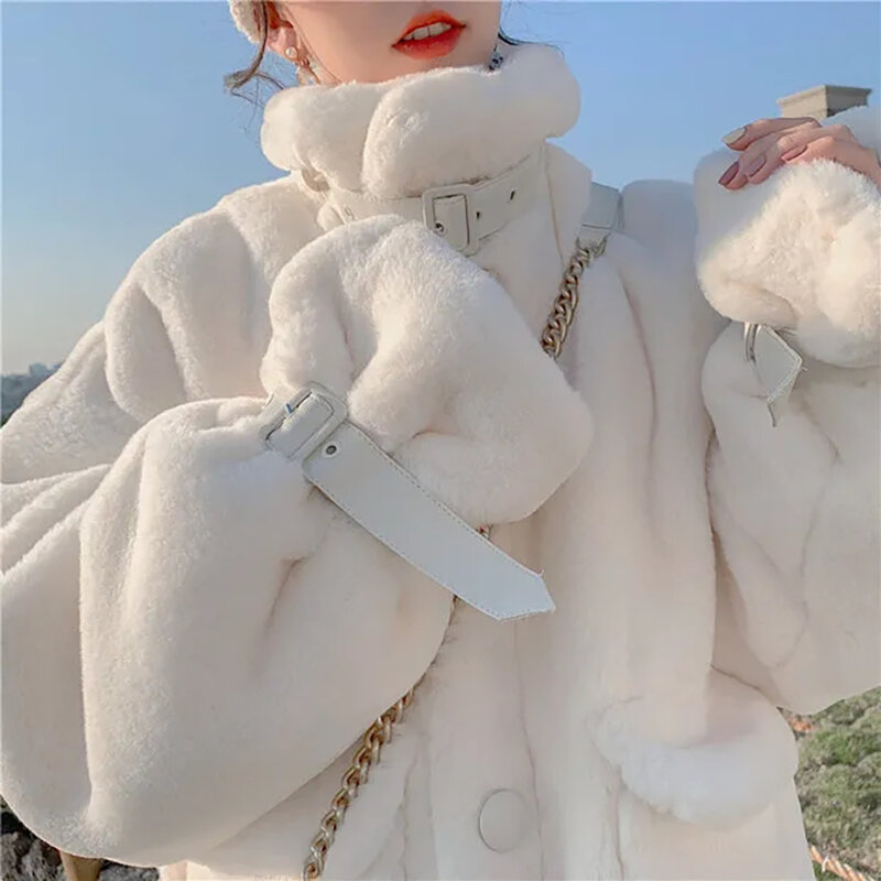 여성용 모조 모피 재킷, 따뜻한 오버코트, 한국 단색 스위트 싱글 브레스트 포켓 코트, 핑크 화이트 파카 패션, 가을 겨울