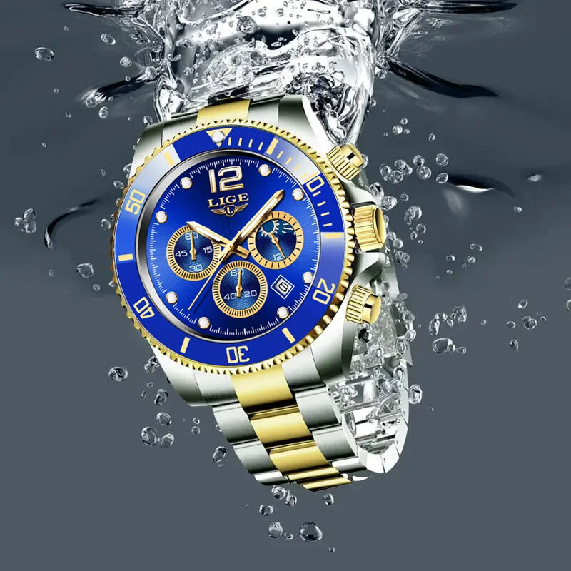 LIGE-Montre de sport étanche en acier inoxydable pour homme, montre-bracelet à quartz chronographe, marque supérieure, luxe, boîte incluse