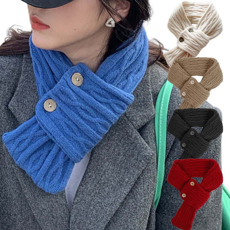 Bufanda de punto con botón para mujer, pañuelo de cuello de Color sólido a prueba de viento, a prueba de frío, para exteriores, Invierno
