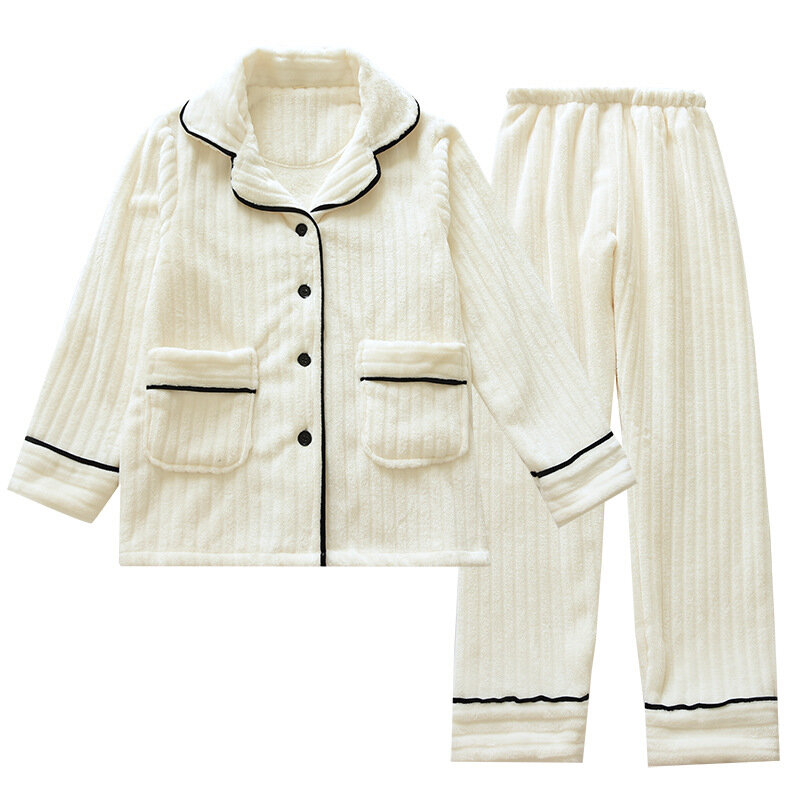 QSROCIO-여성 잠옷 세트, 두껍고 따뜻한 플란넬 단색 잠옷, 캐주얼 홈웨어, v넥 나이트 웨어, 겨울 신제품