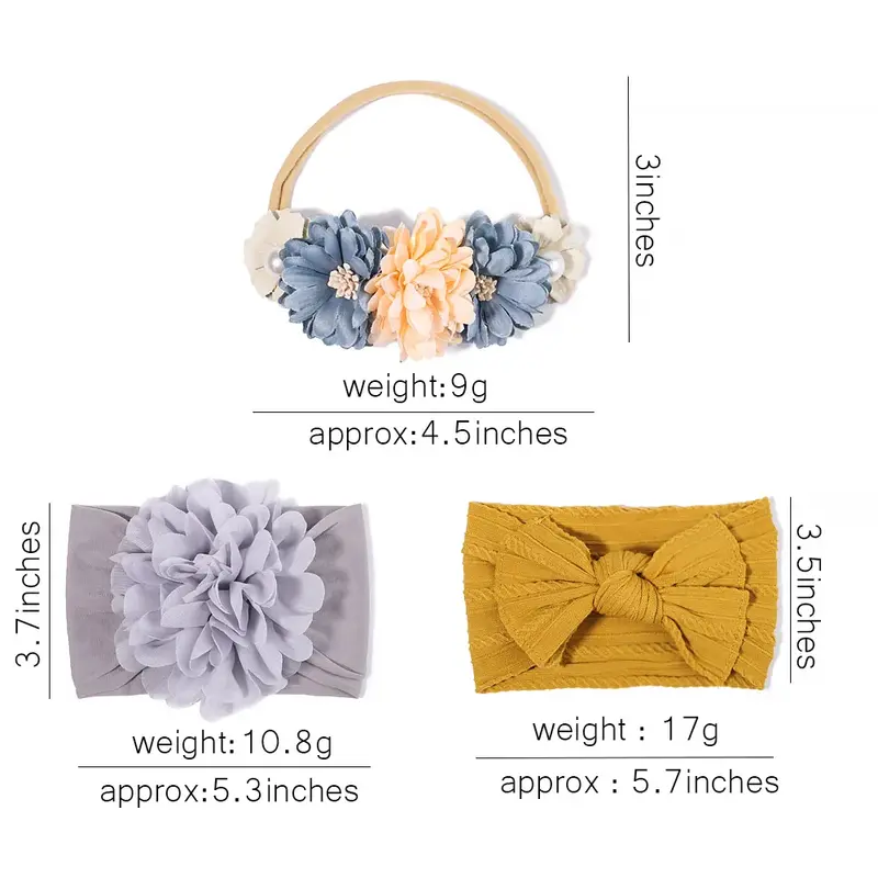 Conjunto de 3 tiaras elásticas para a menina, tricotar tiaras com flor, turbante de nylon, acessórios de cabelo recém-nascido