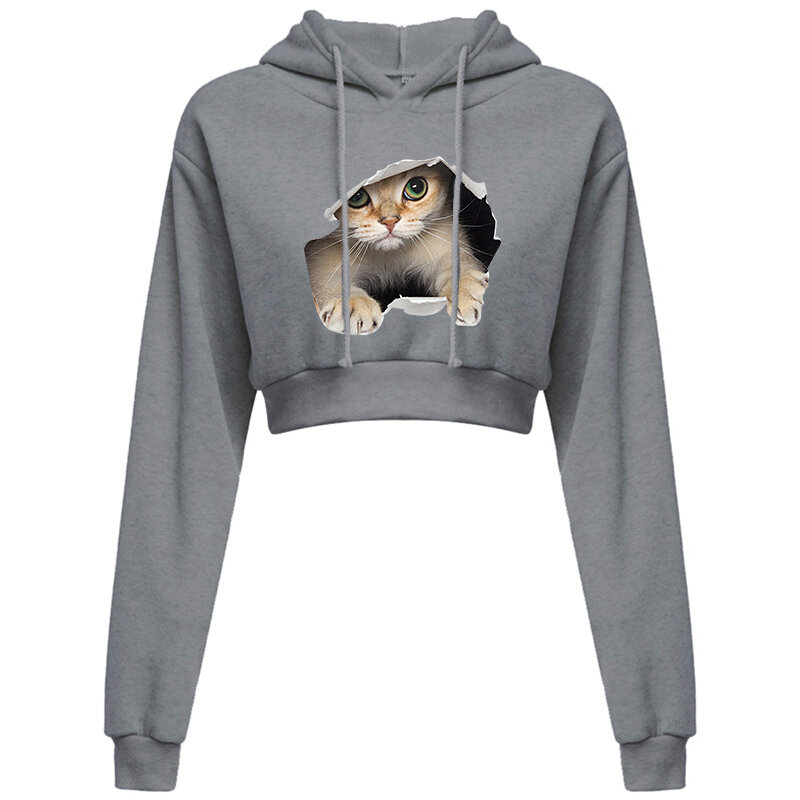 New Fashion Cute Cat Printed Hooded Sweatshirt Unisex Hooded Street Wear Hooded Open Navel Casual