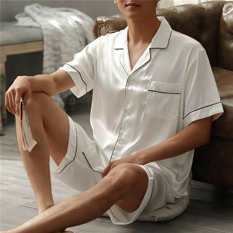 New Summer Pajamas For Man Big Size Silk Mens Pajama Sets Shorts Satin Short Sleeve Sleepwear Home Pijama Night Wear Loungewear