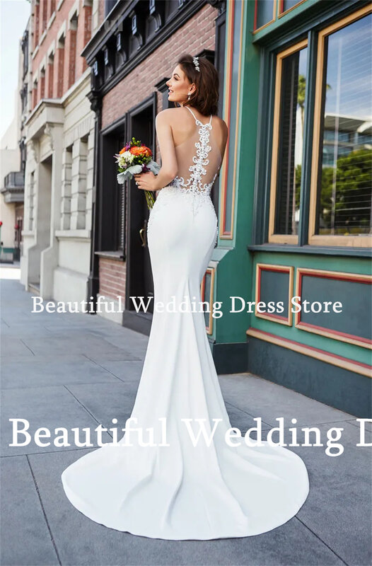 2024 Vestidos wyjątkowa sukienka Boho weselny Sexy koronkowe aplikacje bez rękawów syrenka satynowa długość do plaży wesele sukienka