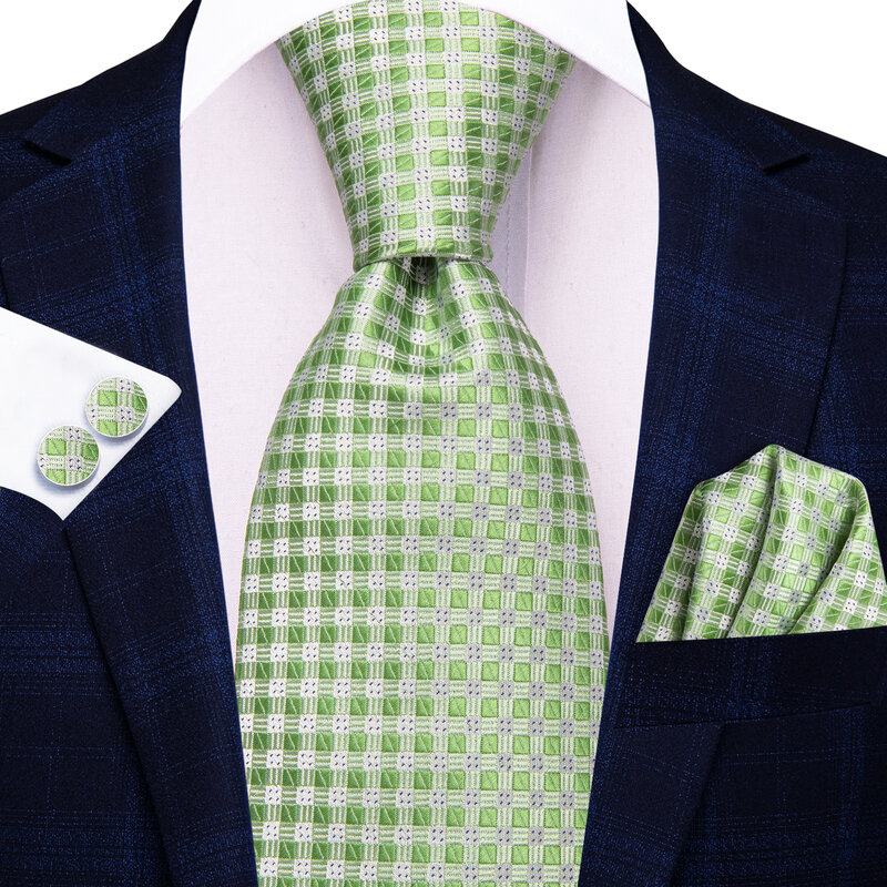 Hi-Tie desain kotak-kotak Sage hijau elegan pria dasi Jacquard dasi Aksesori dasi Cravat pesta pernikahan bisnis sapu tangan manset grosir