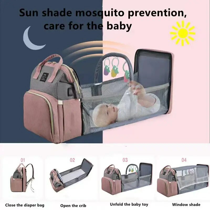 Torba na pieluchy Mommy Baby Plecak do przewijania Odcień moskitiery do przenoszenia na mokro i na sucho Port ładowania USB Wisząca torba do wózka za darmo