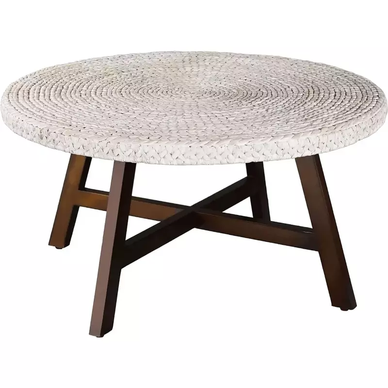 Table basse ronde en bois massif, Tables cocktail à cadre de base en bois enrichi, Facile à assembler, Tables multiples, Table basse