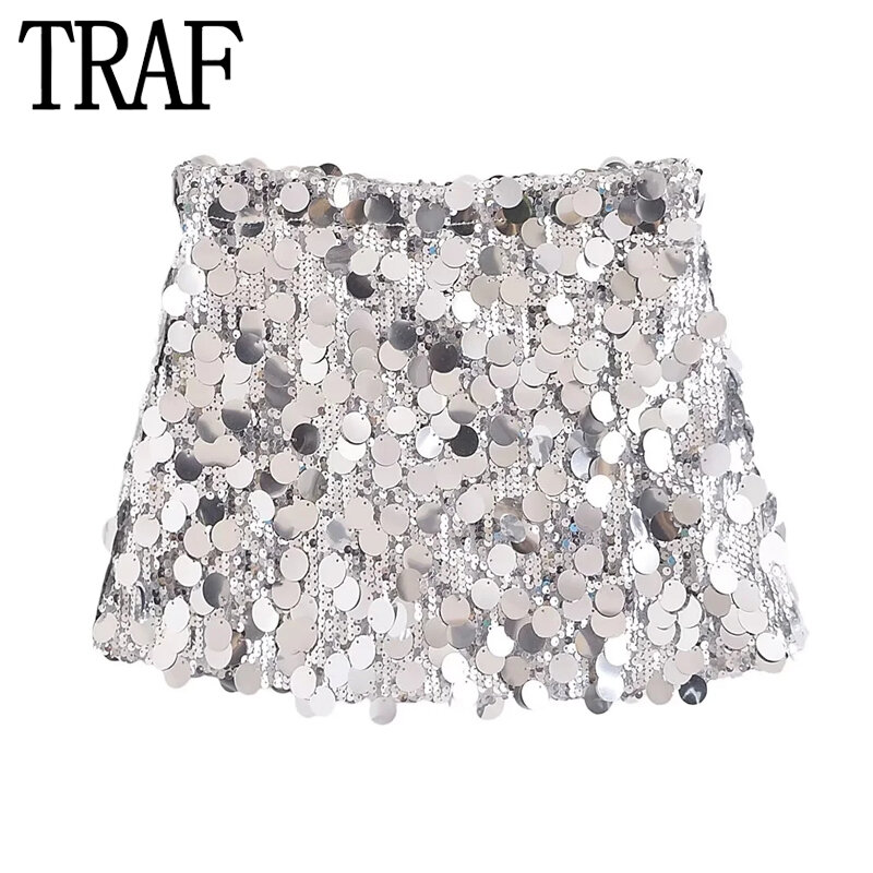 TRAF-falda de lentejuelas para mujer, Falda corta con purpurina plateada, minifaldas de cintura alta a la moda, faldas sexys brillantes para verano, 2023