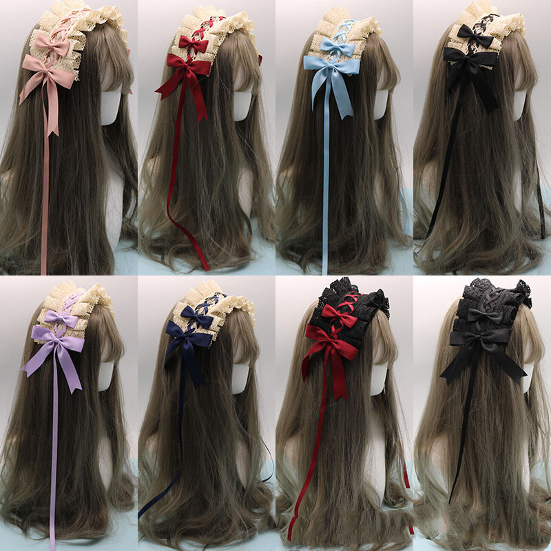 Diadema de encaje Lolita con lazo para dama, accesorio para el pelo con flores, estilo Anime, Cosplay, hecho a mano, venta al por mayor