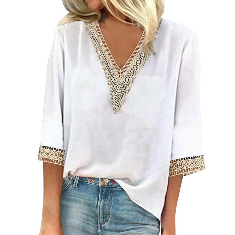 Clothing Fashionable Fashion Plant Printed Women Blouse Shirt V-Neck Summer 3/4 Sleeves Women Pullover Cotton Ropa Mujer Juvenil