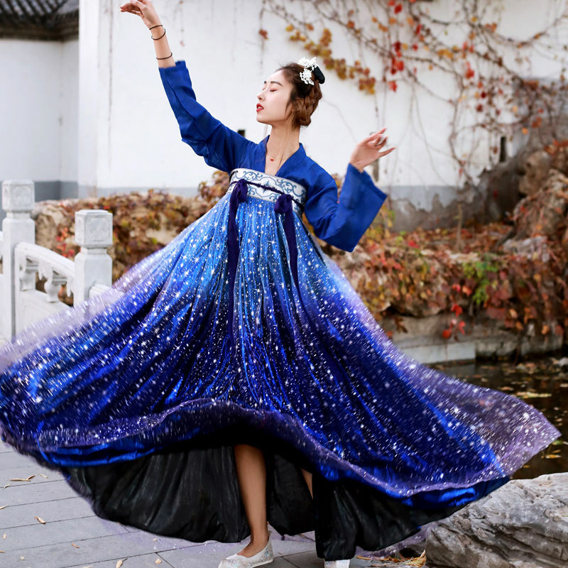 ชุดกระโปรงยาวถึงหน้าอกสำหรับผู้หญิง Rhyme Hanfu ชุดกระโปรงยาว6เมตรแบบค่อยเป็นค่อยไปดั้งเดิม