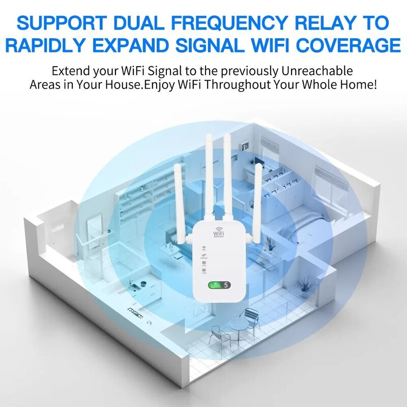 ตัวขยายสัญญาณ WIFI 5GHz เราเตอร์1200Mbps เครื่องขยายสัญญาณ WIFI 2.4G/5GHz Wi-Fi สนับสนุนสัญญาณ Wi-Fi เครื่องขยายเครือข่ายระยะไกล