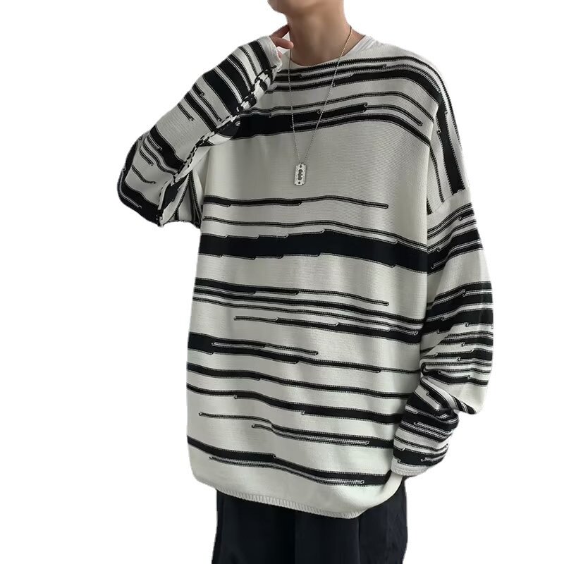 남성 세련된 불규칙한 니트, Ins 편안한 레이지 레저 새로운 라운드 넥 커플 스트라이프 스웨터 패션, 중국 스타일