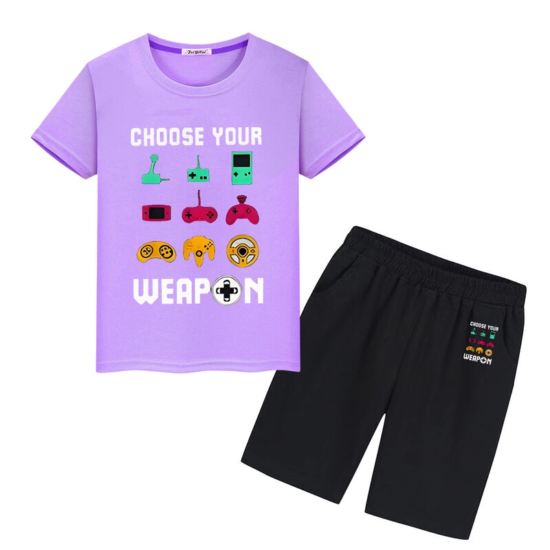 Set olahraga motif gamepad kaus Kawaii 100% kaus katun kaus lucu atasan + celana pendek musim panas anak laki-laki perempuan pakaian hadiah liburan