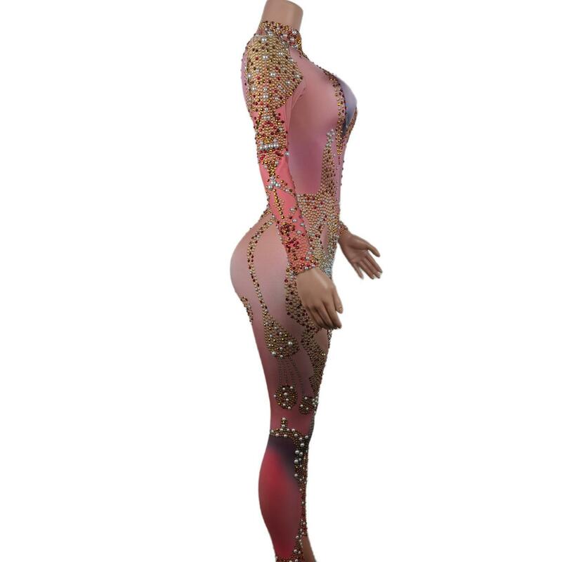 여성용 섹시한 점프수트 핑크 스판덱스 스파클링 크리스탈 진주 바디수트, 패션 쇼웨어, 나이트 클럽 파티 폴 댄스 의상, Feie