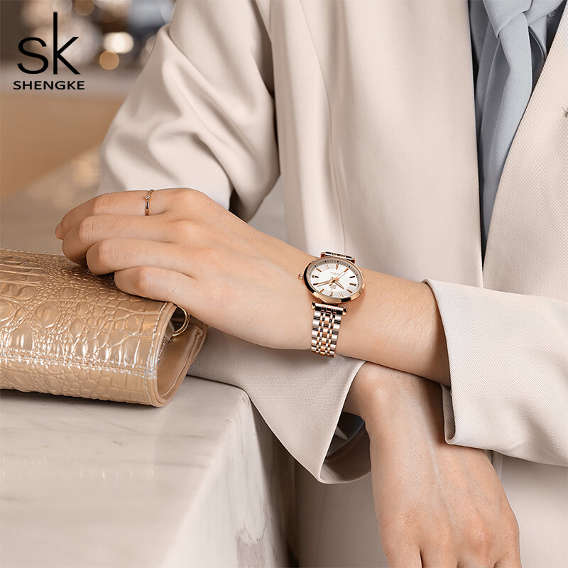 Часы Shengke sk женские, модные кварцевые цветные наручные, с браслетом из нержавеющей стали цвета розового золота