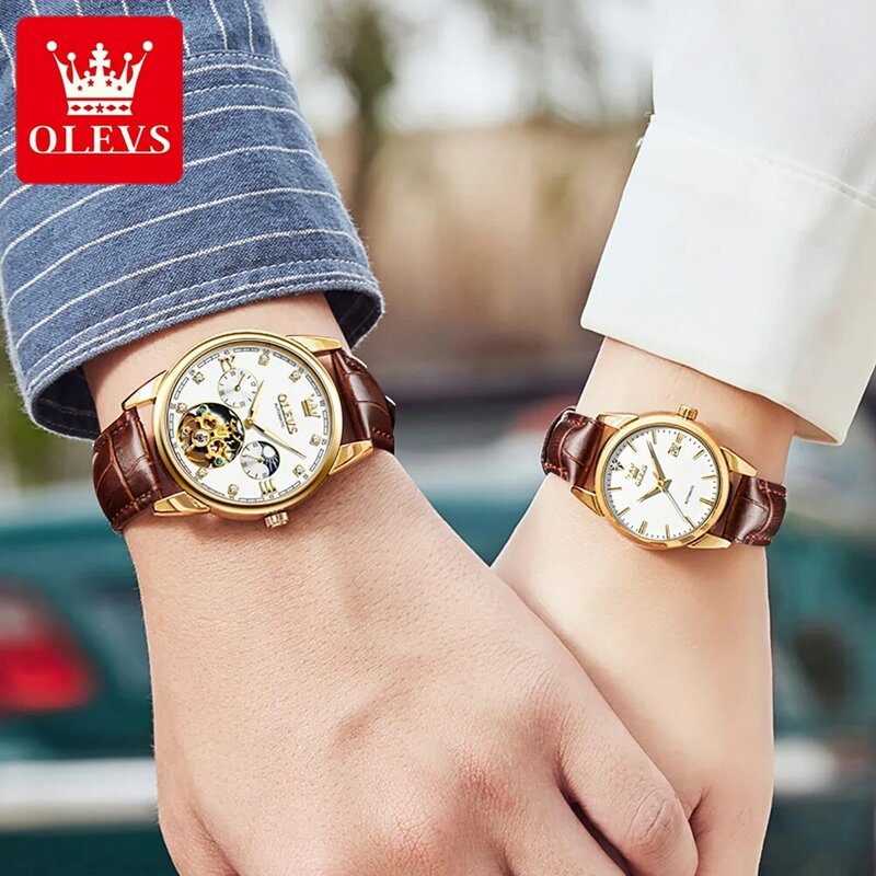 ساعة زوجين من OLEVS هيكل عظمي ، ميكانيكية أوتوماتيكية ، فولاذ مقاوم للصدأ ، ساعات مقاومة للماء للرجال والنساء ، ساعة يد مضيئة