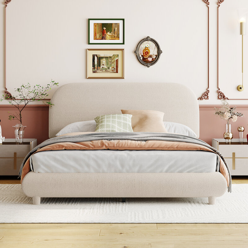 Teddy Fleece Full Size Upholstered Platform Bed with Thick Fabric, Solid Frame and Stylish Curve-shaped Design, Beige