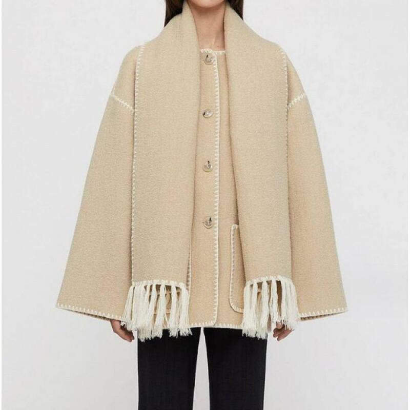 Elegante casaco solto com cachecol para mulheres, manga comprida, peito único, casacos femininos, moda feminina, bolso, primavera, outono, 2024