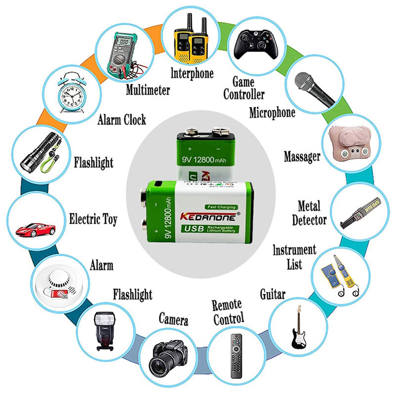 Bateria recarregável Micro USB 9V Li-ion, Baterias de lítio para multímetro, microfone, brinquedo, controle remoto, 12800mAh, 6F22