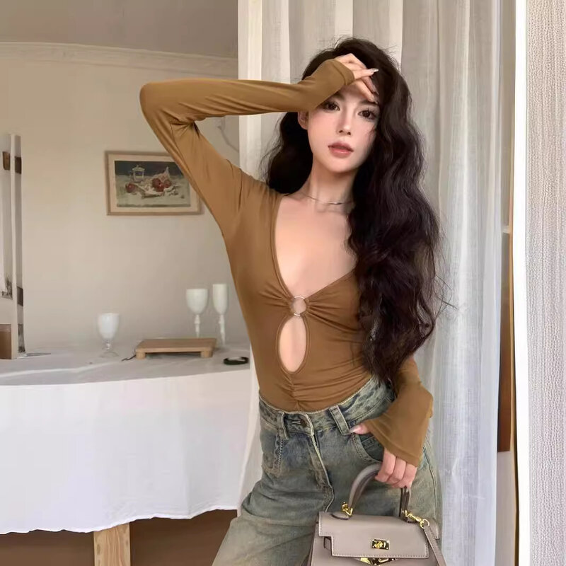 New Black Khaki Hollow Sexy Hottie V-neck T-shirt Women's Spring Waist Tight mid Length Pleated Long Sleeved One piece Top