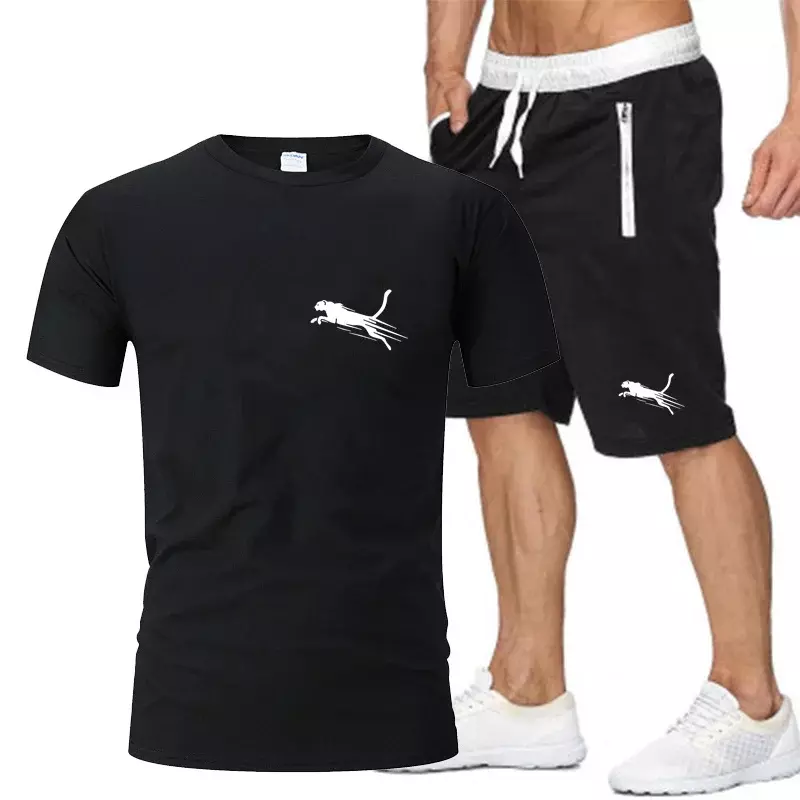 2024 Fashion Pure Cotton Printed New Men's Round Neck T-shirt Summer Breathable Sports Casual Shorts 2-piece Set