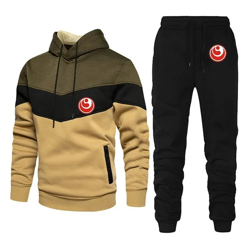 Kyokushin Karate Men's Print Fashion High Quality Hooded Pullover Hoodie + Trousers Casual New Three-Color Stitching Suits