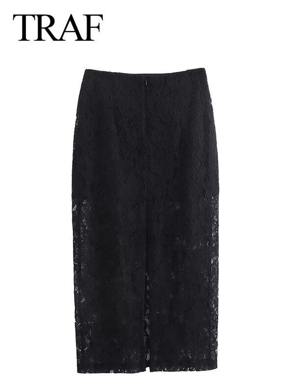 TRAF Women Elegant Lining High Waist Straight Skirt Woman Lace Hollow Zipper Slit Hem Decorate Midi skirt Streetwear Mujer