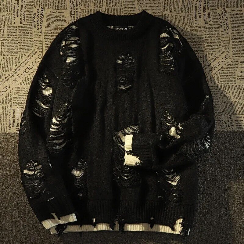 Jersey de dos suéteres falsos con agujeros para hombre, ropa de calle de estilo Punk, informal, suelto, moda de calle alta, Y2k, americano, nuevo